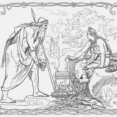 Odín y una volva, ilustración de Lorenz Frølich publicada en Los himnos de la Edda antigua (Karl Gjellerup, 1895)