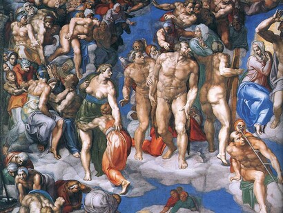 Así nació el manierismo de Miguel Ángel. No como una ruptura con el Renacimiento, sino como su evolución más profunda. Conservó la monumentalidad anatómica, el estudio científico del cuerpo y la herencia clásica de la Antigüedad. Michelangelo. "El Juicio Final",detalle. Fecha 1536 a 1541. Fresco, Capilla Sixtina; Roma, Italia