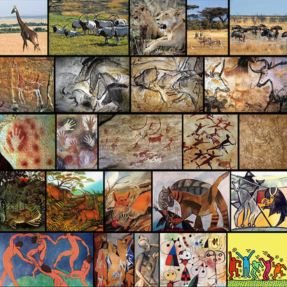 Nature stimulated the innate human appreciation of beauty. The animals running in the savannah were among earliest and main objects represented in prehistoric graffiti and cave paintings (upper two rows, from the models to the primordial art). Humans also began to represent their selves, including the very symbolic and meaningful traces of their hands and the most important events in their life, as hunting scenes and ritual dances (third row). It is intriguing that, after tens of thousands years, some very ancient style elements can be recognized even in some modern and contemporary works of art (lower two rows).

