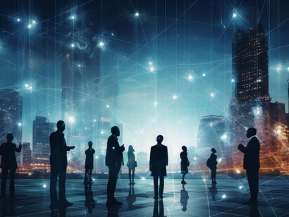 Ultra-modern business setting featuring streamlined architecture and advanced tech elements, capturing the essence of a future-driven corporate world