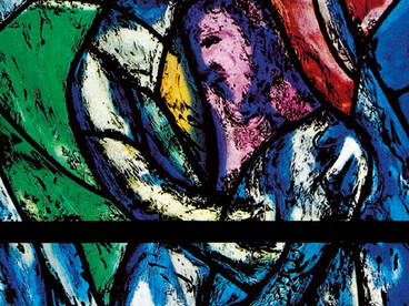 Chagall blue stained glass window, Fraumünster church Zurich Switzerland, Christian religious art, Catholic heritage landmark, European church mosaic, blue light interior