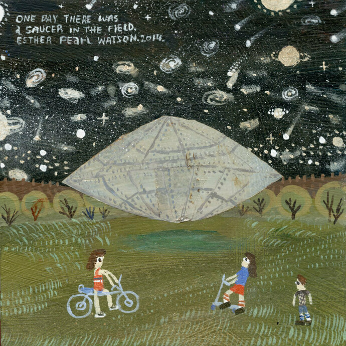 Esther Pearl Watson, One Day There Was A Saucer In The Field, 2014. Acrylic enamel and foil on panel 15x15 cm