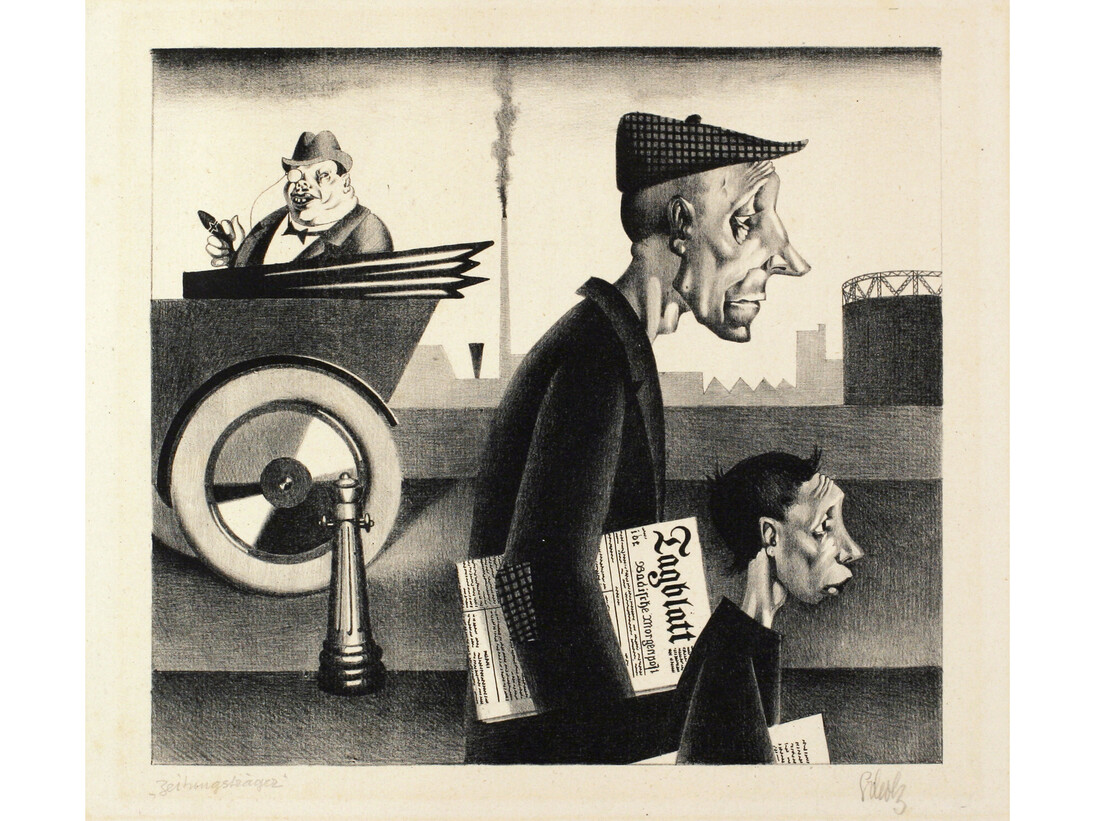 Georg Scholz, Der Zeitungsträger (Arbeit schändet) ["Paper Boy (Work Is Disgracing)"], 1921, Lithograph on paper, 7 7/8 x 8 5/8 inches (20 x 21.9 cm) - image, 12 3/4 x 15 3/4 inches (32.4 x 40 cm) - sheet, Edition of 125, Signed & titled on recto. Ubu Gallery, New York
