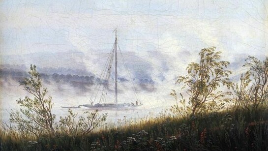 Caspar David Friedrich, Barca sul fiume Elba nella nebbia del primo mattino, 1820-1825 olio su tela, cm 22,5 x 30,8 Colonia, Wallraf-Richartz-Museum & Fondation Corboud