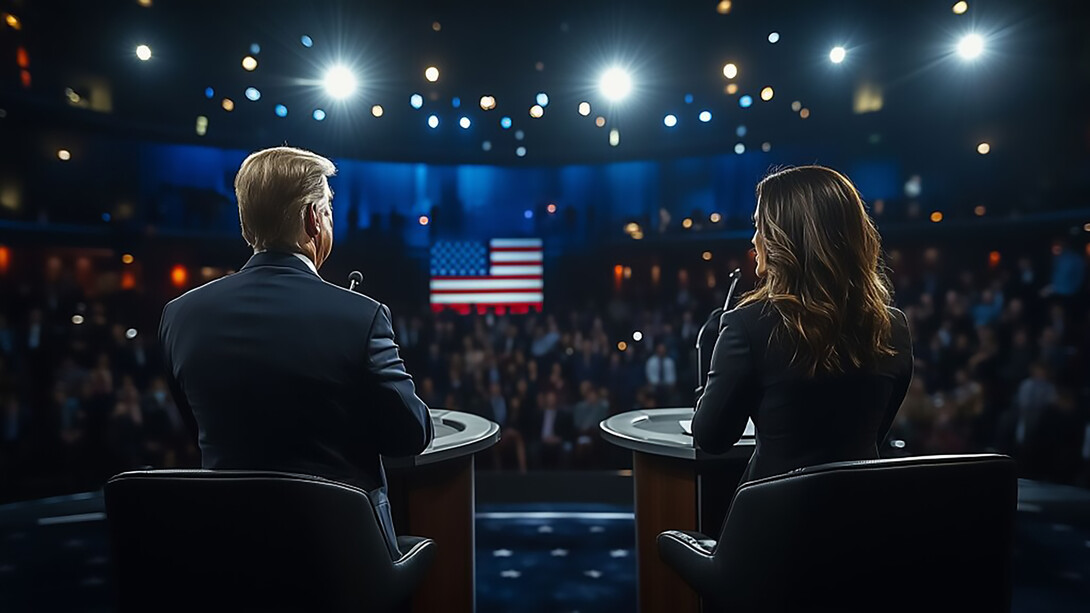 An AI-generated image depicts a TV duel between Donald Trump and Kamala Harris on stage