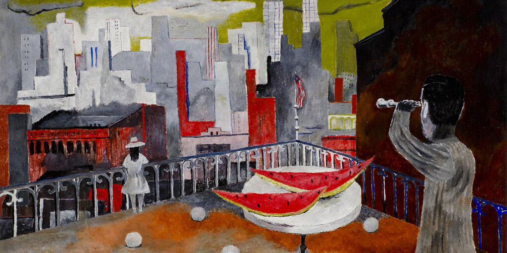 Rufino Tamayo, New York Seen from the Terrace [Nueva York desde la terraza], 1937, oil on canvas, 20 3/8 x 34 3/8 in. FEMSA Collection. © Tamayo Heirs/Mexico/Licensed by VAGA, New York, NY. Photo by Roberto Ortiz