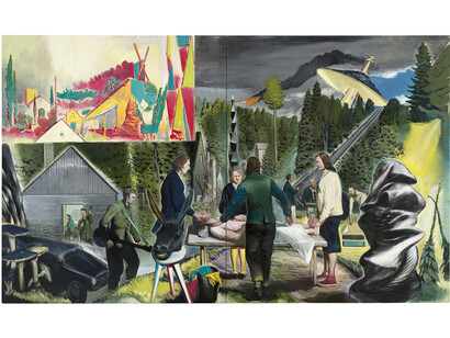 Neo Rauch, Heillichtung, 2014, Oil on canvas, Diptych, Overall, canvas: 118 3/8 x 197 1/2 inches (300.7 x 501.5 cm). Left panel: 118 3/8 x 98 5/8 inches (300.7 x 250.5 cm). Right right panel: 118 3/8 x 98 3/4 inches (300.6 x 250.7 cm)