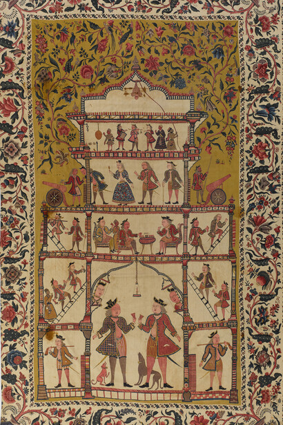 Arazzo (palampore) della costa di Coromandel, India, 1700-1750 ca.
Ispirandosi agli arazzi delle corti dei sovrani indiani, i portoghesi e gli olandesi commissionano tessuti ornati dai loro ritratti.

Copyright: Museo nazionale svizzero, ex collezione Petitcol