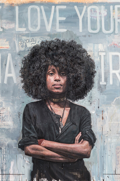 I Love Your Hair, Tim Okamura oil & mixed media on canvas, 72 x 60 inches, 2013, courtesy of Yeelen Gallery