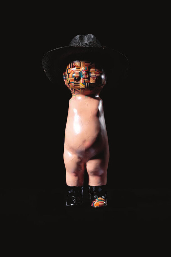 Haroshi, Never Rust Buddy Lee Doll No. 1, 2015, Composition doll with hat, skateboard, wood, 13 x 4 x 4 1/2 inches