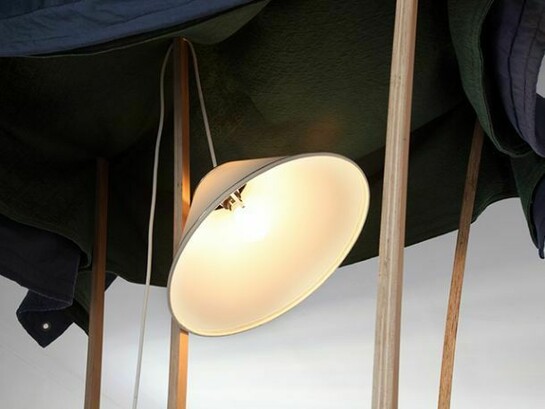 Phillip Lai Subjects and objects that cannot meet, 2012, dyed fabrics, eyelets, laminated wood, lampshade, bulb, approx. 260 x 126 x 120 cm