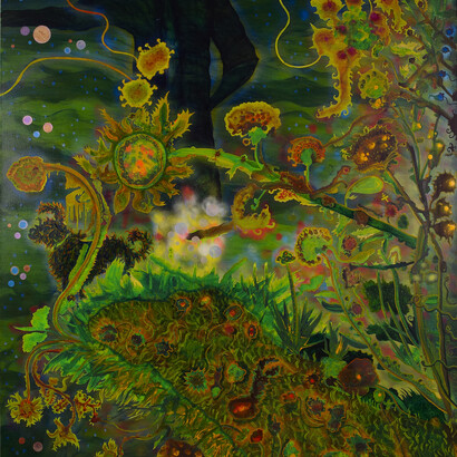 JJ Manford, Manford and Manu on the Hill, 2014, Acrylic, oil, and spray paint on canvas, 74x69 inches