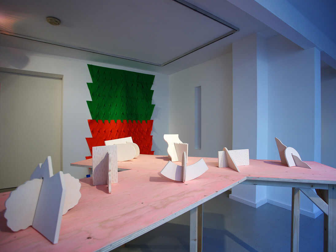 Installation view of Marine Duroselle, 'Preview of Shades' (2014) at Marsden Woo Project Space, focus on 'Cut-out' series, photo © Philip Sayer, courtesy of Marsden Woo Gallery, London