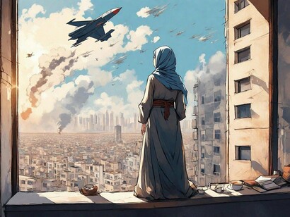 Figura femminile osserva la distruzione di una città mentre aerei da guerra sorvolano il cielo