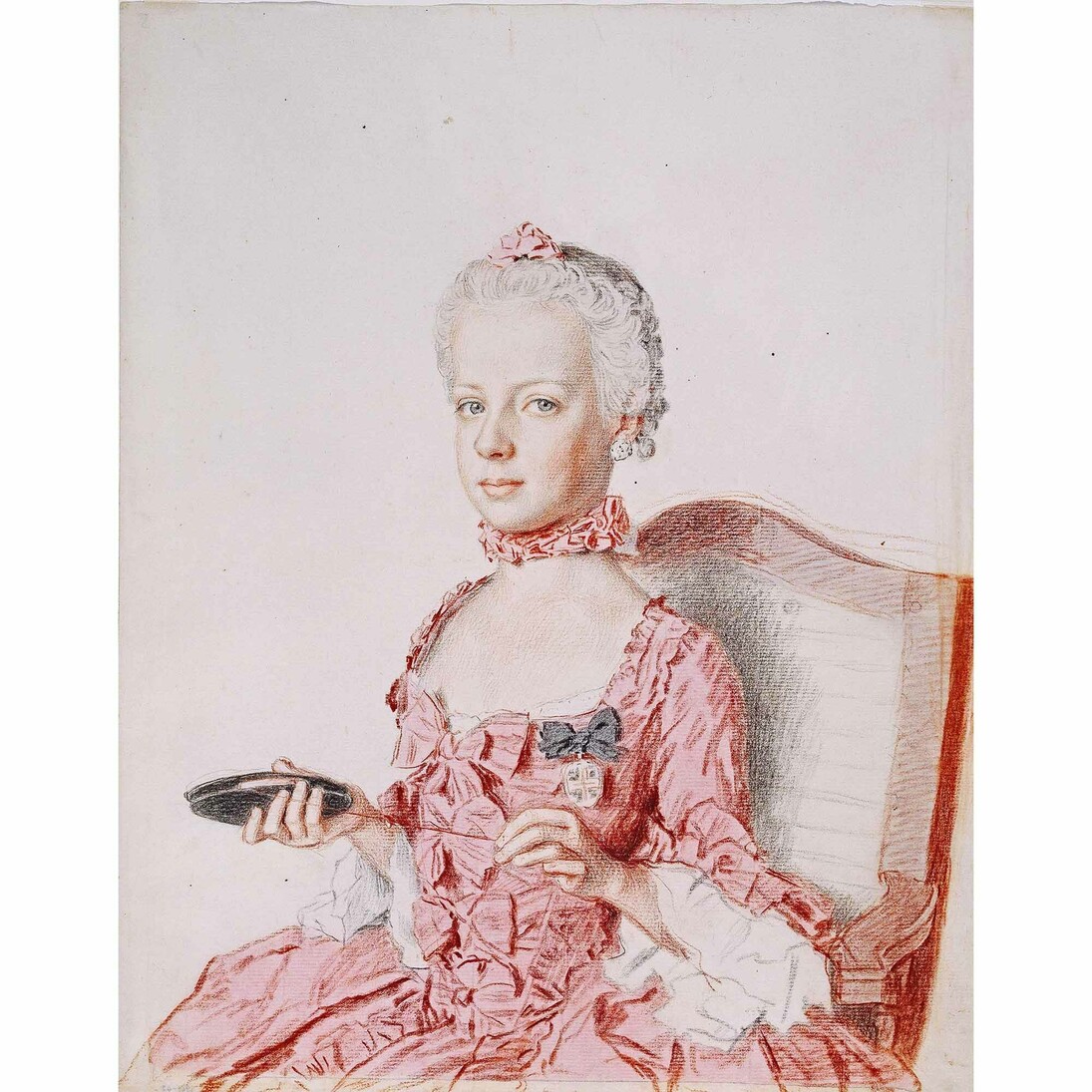 Jean-Etienne Liotard, Archduchess Marie-Antoinette of Austria, 1762, Black and red chalk, graphite pencil, watercolour and watercolour glaze on paper, heightened with colour on the verso, 31.1 x 24.9 cm, Cabinet d'arts graphiques des Musees d'art et d'histoire, Geneva. On permanent loan from the Gottfried Keller Foundation, inv. 1947-0042, Photo Musee d'art et d'histoire, Geneva. Photography: Bettina Jacot-Descombes 