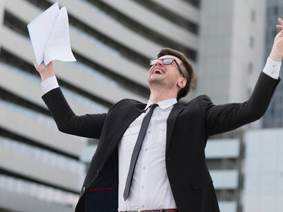 A triumphant businessman exuding happiness and success