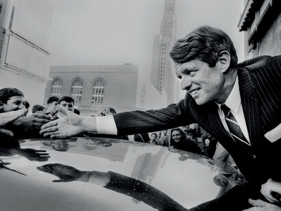 Brooklyn, New York City, New York / April 1, 1968. Presidential candidate and New York senator Robert Kennedy greets supporters during a campaign stop in Fort Greene, Brooklyn.