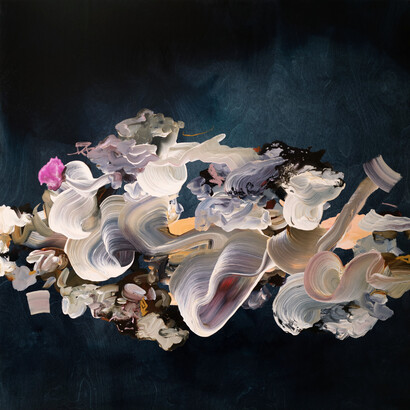 Janna Watson, Lavender Breeze, 2023, acrylic, gouache, oil pastel and ink on birch panel, 48x48 inches (Watson's work may be oriented in any direction). Courtesy of Kenise Barnes Fine Art, Kent, CT
