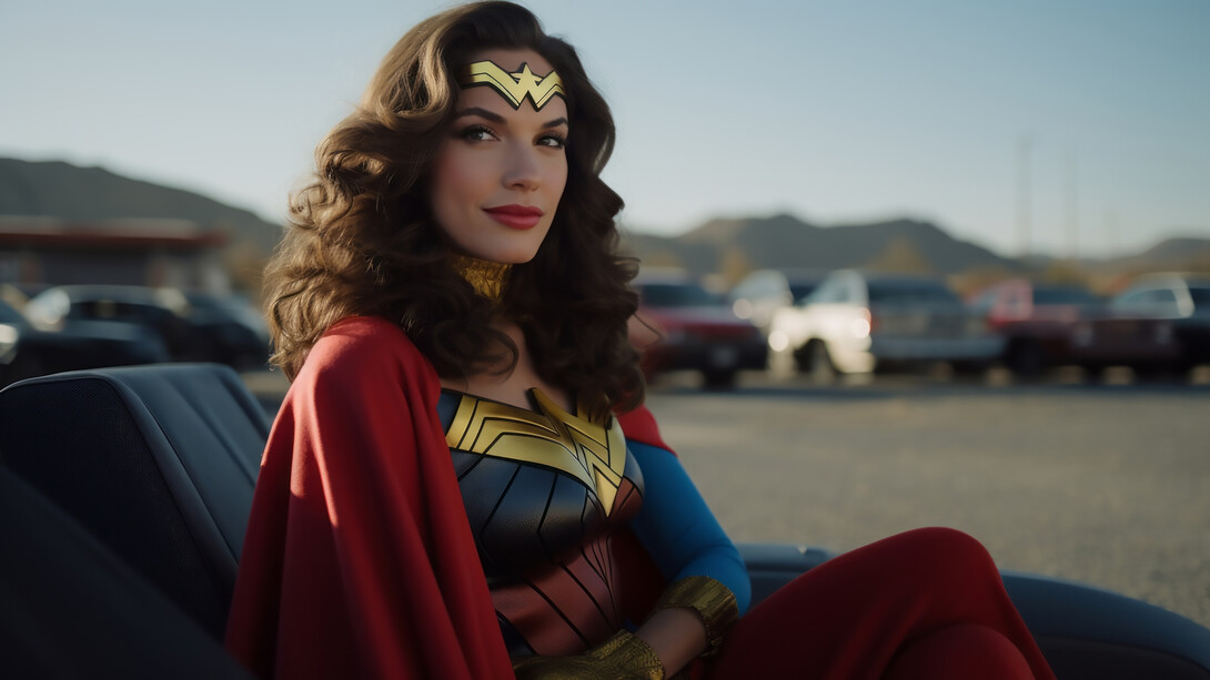 Portrait of woman wearing cool superhero suit