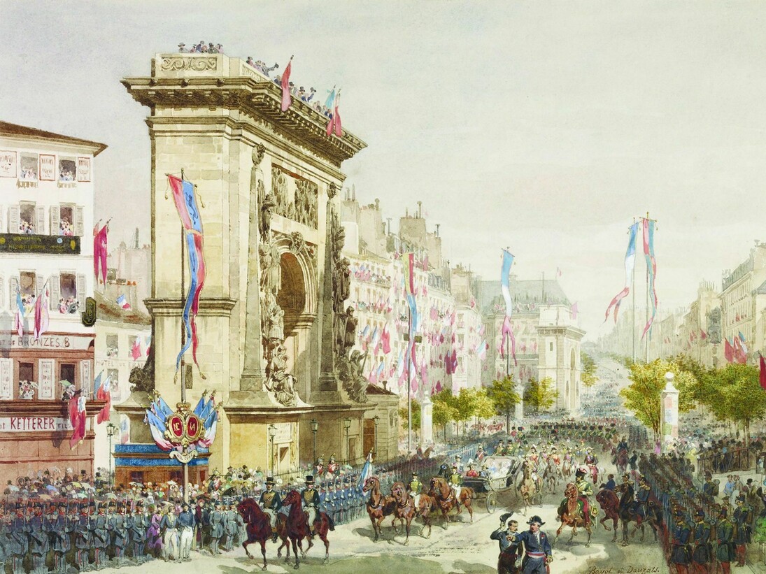 Royal visit to Napoleon III the entry of Queen Victoria into Paris 18th August 1855 Adolphe Jean Baptiste Bayot b1810 Royal Collection © Her Majesty Queen Elizabeth II 2016
