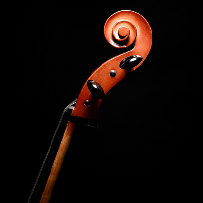 Vista de perfil del voluta de madera de un violonchelo iluminado a contraluz sobre fondo negro