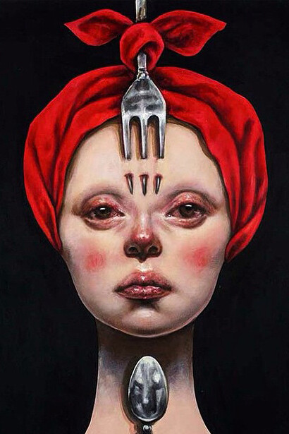 Afarin Sajedi, Chef Offer 2, 100 x 100 cm, Acrylic on canvas, Dorothy Circus Gallery