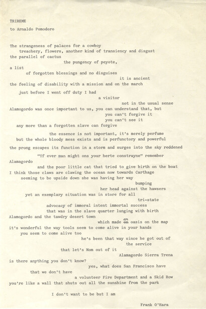 Dattiloscritto originale della poesia Trirème, composta da Frank O’Hara per Arnaldo Pomodoro e pubblicata nel catalogo della mostra alla Marlborough-Gerson Gallery di New York, 1965. Courtesy of MAC