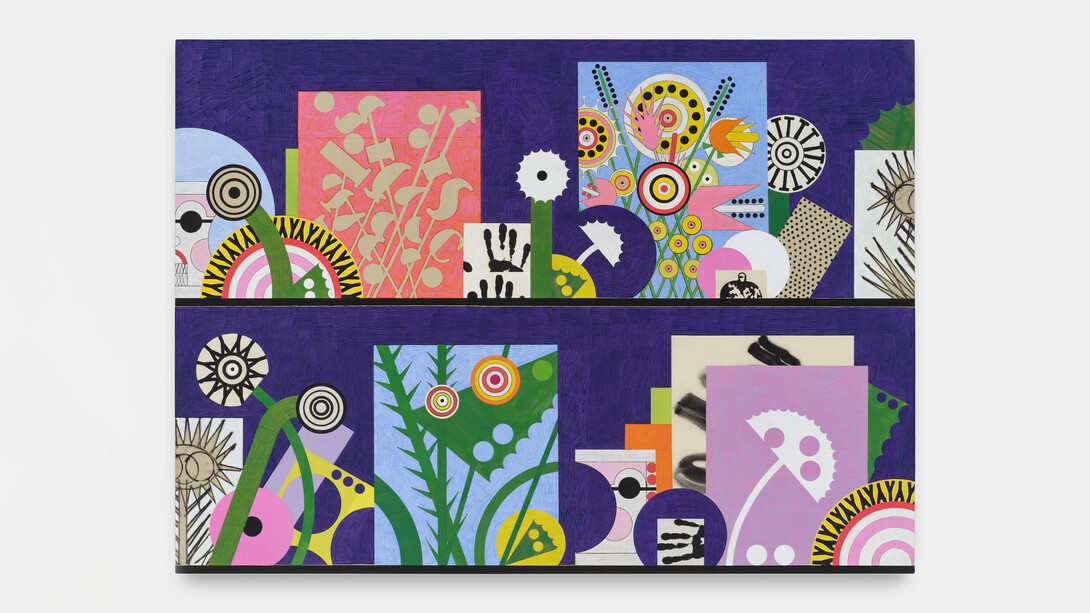 David Korty,
Transcendental Equation, 2024. 
Flashe, pencil, ink, hahnemuhle paper, and collage on cotton 
canvas 
cantera stone, ceramic, 
52 x 72 in (132.1 x 182.9 cm). Courtesy of the artist and Night Gallery  