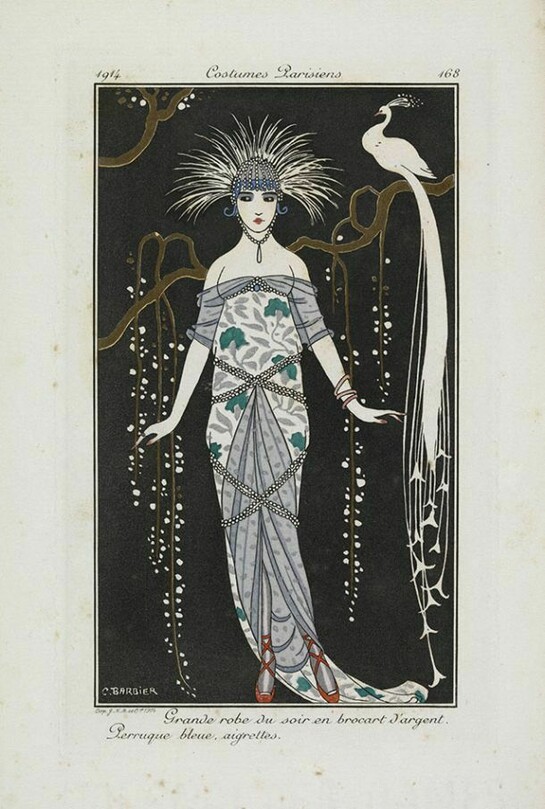 Grande robe du soir en brocart d'argent, George Barbier, from Journal des Dames et des Modes, 1914, Paris, France © Trustees of the Chester Beatty Library