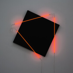 François Morellet, Néons 3D  15°-90°-50°, 2015, acrylic on canvas on wood, 3 white neon tubes, high voltage cable and transformer; 143 x 133 cm / (56¼ x 52⅜ in). Edition 2 of 3 © the artist, image Courtesy of François Morellet and Blain|Southern, Photo: Atelier Morellet 

