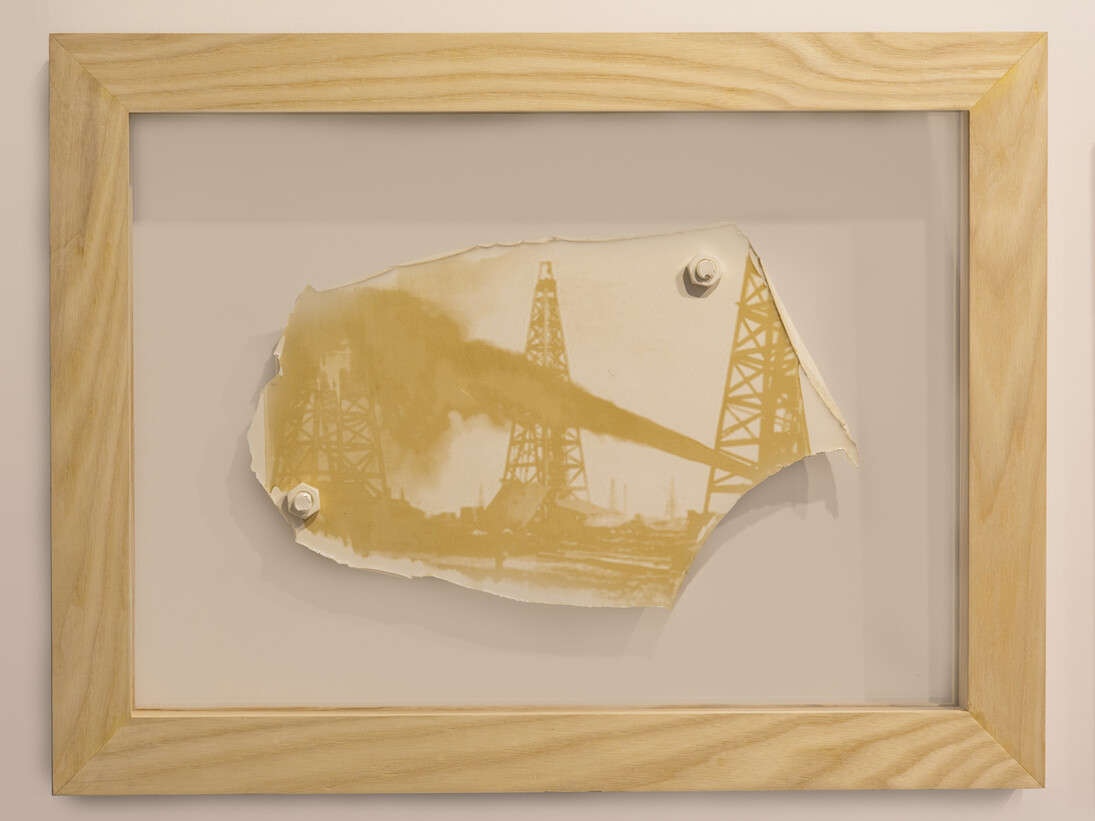 Spindletop Gusher, 1910, 2013. Spindletop crude oil and varnish on industrial floor paint with cast paint nuts and bolts. 39 x 51 x 6cm