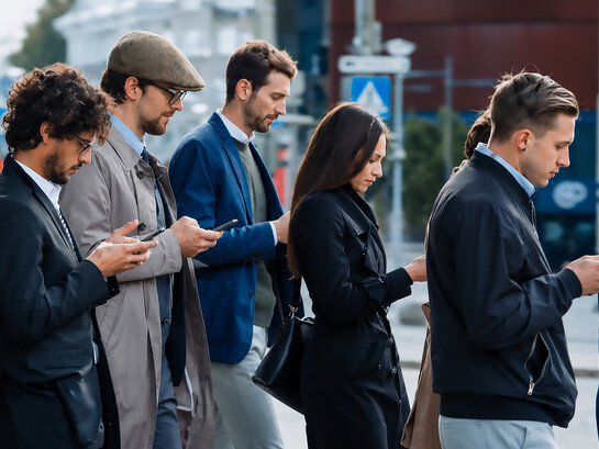 Smartly dressed professionals walk past a modern glass office building, absorbed in their smartphones and seemingly disconnected from the people around them