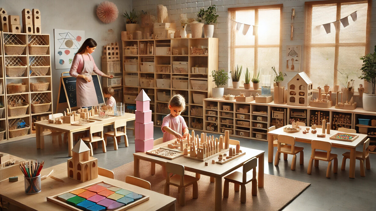 Un'aula Montessori ben organizzata e luminosa, dove una maestra supervisiona i bambini impegnati in attività autonome con materiali didattici in legno, promuovendo l'apprendimento pratico e l'indipendenza