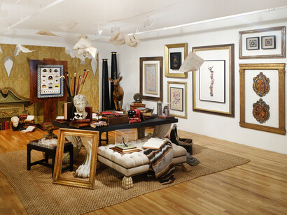 Curated by Matthew Patrick Smyth: 1. Antique Georgian pediment, courtesy Matthew Patrick Smyth; 2. Empire style wood easel, courtesy Matthew Patrick Smyth; 3. Barton Lidice Benes (1942-2012), Egyptian, 2005; 4. Lisa Nilsson, Male Pelvis, 2012; 5. Annandale jute area rug, courtesy Matthew Patrick Smyth; 6. Paw Foot dining table with custom wood top, courtesy Matthew Patrick Smyth; 7. Classical male bust courtesy Matthew Patrick Smyth; 8. Fiberglass and polymer wrapped antelope, courtesy Sutter Antiques, Hudson, NY; 9. Man Ray (1890-1976), Cadeau, c. 1950; 10. Robert Courtright (1926-2012), Untitled Mask (Beard), N.D.; 11. Barton Lidice Benes (1942-2012), Prayer Rug 1, 2010; 12. Derek Jarmon (1942-1993), Piece on Earth, 1986; 13. George Hugnet (1906-1974), Arbre, 1954; 14. Javier Pinon, Untitled (Chairs), 2005; 15. Donna Sharrett, Ophelia, 2013; 16. Donna Sharrett, Guinevere, 2013; 17. Buster Cleveland (1943-1998), Untitled (Goddesses), N.D.