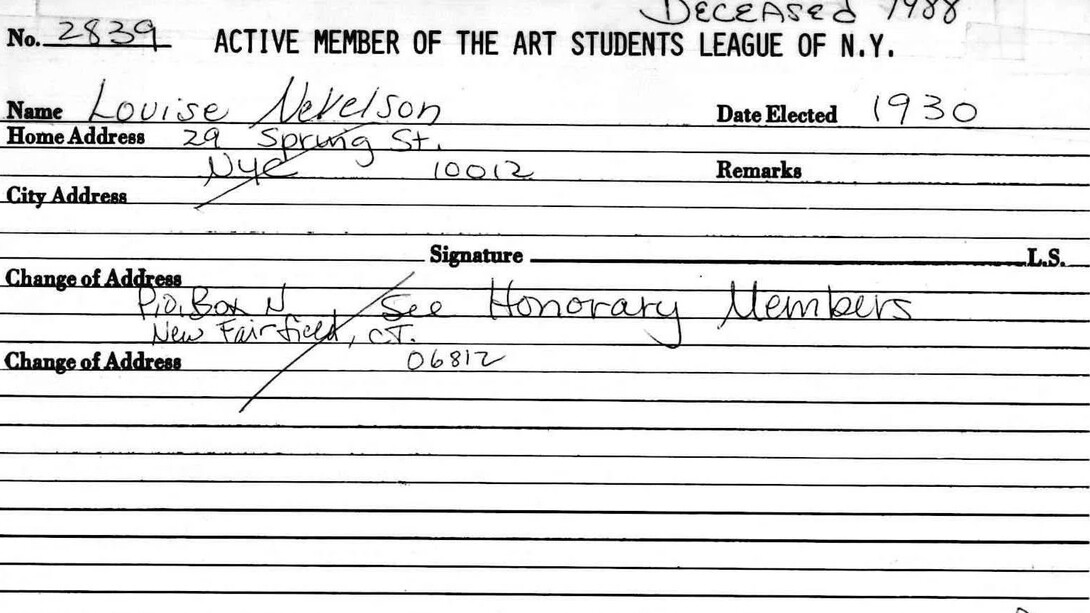 Louise Nevelson's student records, courtesy of the Art Students League of New York and Pace Gallery