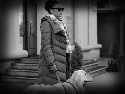 The blind woman trusts her seeing-eye=dog to be her 'eyes' in the world