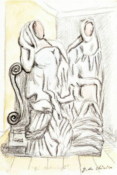 Giorgio de Chirico (1888-1978), The Archaeologists, 1948, Conte crayon and watercolour on cardboard, 29.5 x 19.3 cm, Private collection