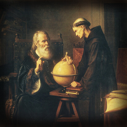 "Galileo en la Universidad de Padua demostrando las nuevas teorías astronómicas", Félix Parra (óleo sobre tela, 1873)