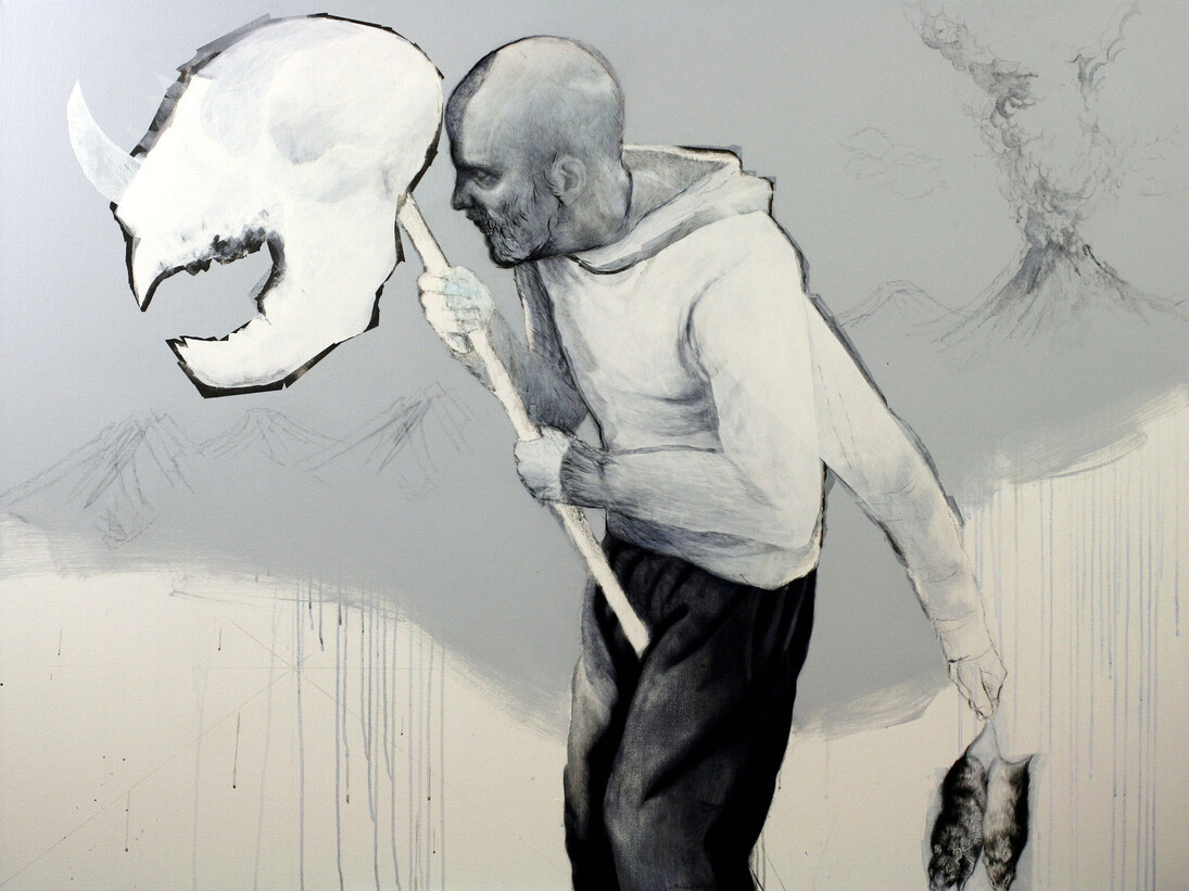 Gerard Ellis, “Juego de Adultos”, 2017, Acrylic and pencil on canvas, 48" x 64". Courtesy of Lyle O. Reitzel Contemporary Art Gallery