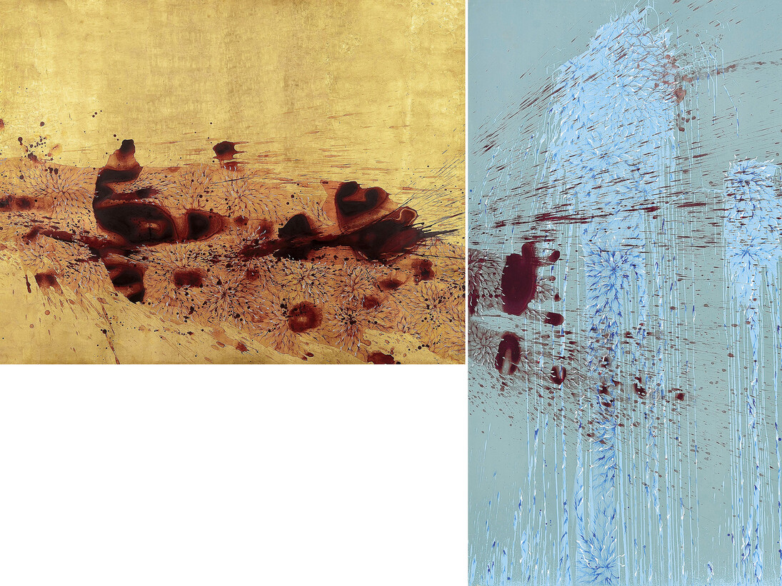 Imran Qureshi, Side Effects , 2015, Emulsion, acrylic paint and gold leaf on paper, Right panel 152,4 x 251,5 cm (60 x 99 in), Left panel 251,5 x 152,4 cm (99 x 60 in), Courtesy Galerie Thaddaeus Ropac Paris/Salzburg. Photo: Usman Javed