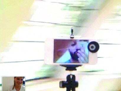 Adam Basanta A Truly Magical Moment, 2016 Interactive kinetic sculpture 2 iPhones 4S, selfie sticks, aluminum, electronics, bluetooth chips, FaceTime video chat software 1m x 1m x 1m