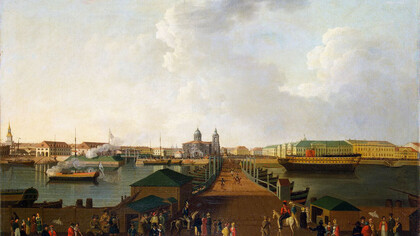 Benjamin Patersen (1749–1815) «Vista de San Petersburgo el día de la celebración del centenario»
circa 1803, óleo sobre lienzo. Museo del Hermitage, San Pietroburgo, Rusia