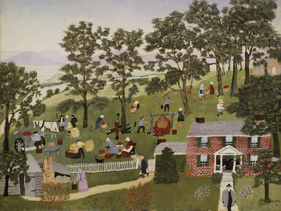 Anna Mary Robertson “Grandma” Moses, Apple Butter Making, 1947, Private collection; courtesy Galerie St. Etienne, New York © 2022, Grandma Moses Properties Co., NY