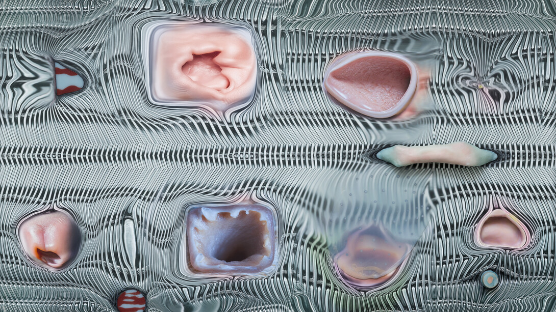 Tishan Hsu, mammal-screen-green-2, 2024. Courtesy of Miguel Abreu Gallery, Tishan Hsu and Jeffrey Deitch Gallery. Photos by Stephen Faught