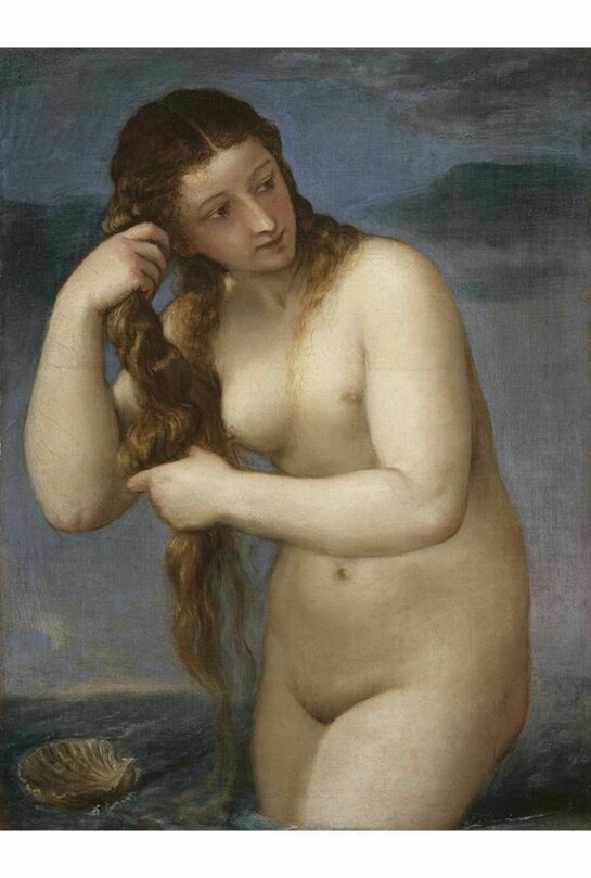 Titian (Tiziano Vecellio), Venus Rising from the Sea ('Venus Anadyomene'), c.1520, Oil on canvas, 75.80 x 57.60 cm (framed: 103.00 x 84.00 x 15.00 cm), Acquired from the Trustees of the 7th Duke of Sutherland, partially in lieu of inheritance tax, with the aid of the Heritage Lottery Fund, The Art Fund (with a contribution from the Wolfson Foundation) and the Scottish Executive 2003, Scottish National Gallery
