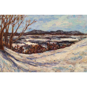 Clermont Snowfall, 2013, 12 x 24 inches encaustic on panel by Joshua Brehse