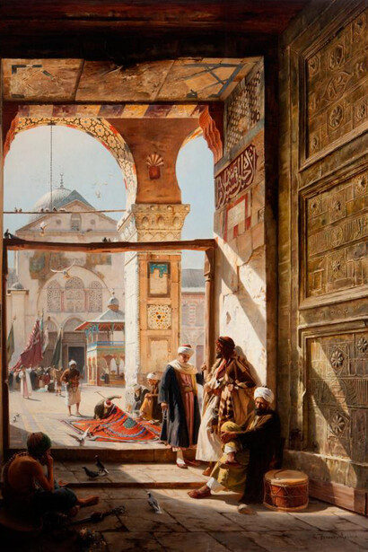 Gustav Bauernfeind (German, 1848-1904), Damaskus [North Gate of the Great Mosque of Damascus] (detail), 1890, Oil on panel 121 x 96.5 cm Orientalist Museum, OM.699, National Collection of Qatar.