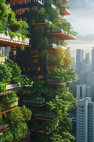 Futuristic green architecture seamlessly merges with nature in the heart of a bustling city, illuminated by the soft glow of sunrise