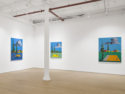 Installation Image,  Lawrence Paul Yuxweluptun, Neo Reservation Landscape Painting and Ovoidism, 2023. Courtesy of Arsenal Contemporary Art New York