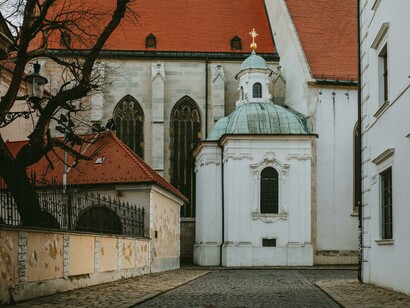 Cobblestone pavement next to St. Martin’s Cathedral in the historic center of Bratislava, Slovakia